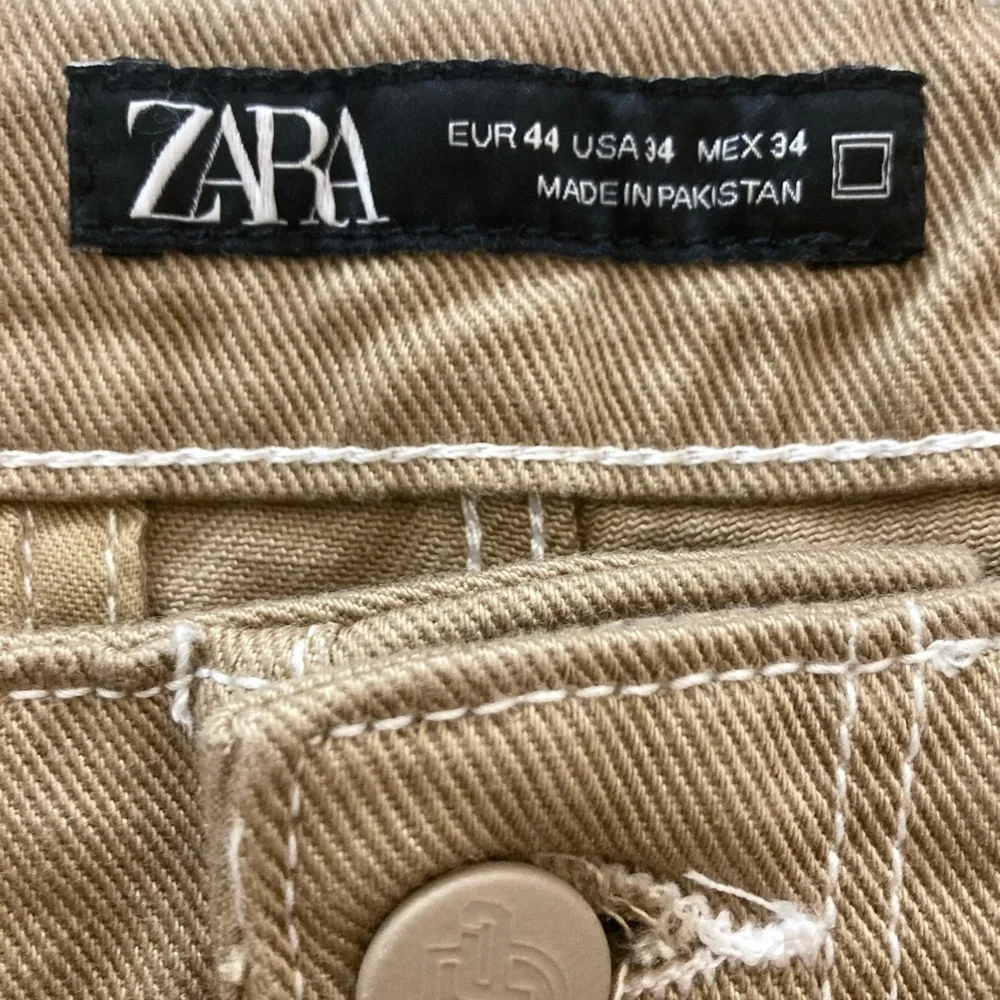 ZARA Denim Cargo Pants 34 Brown Topstitched Straight Baggy Drawstring Leg